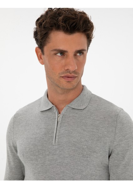 Erkek Gri Melanj Slim Fit Polo Yaka Fermuarlı Basic Triko Kazak 50315406-VR086 fiyatları