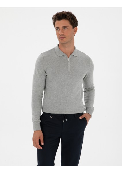 Erkek Gri Melanj Slim Fit Polo Yaka Fermuarlı Basic Triko Kazak 50315406-VR086 modelleri