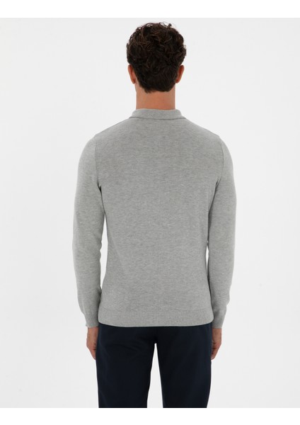 Erkek Gri Melanj Slim Fit Polo Yaka Fermuarlı Basic Triko Kazak 50315406-VR086 indirimleri