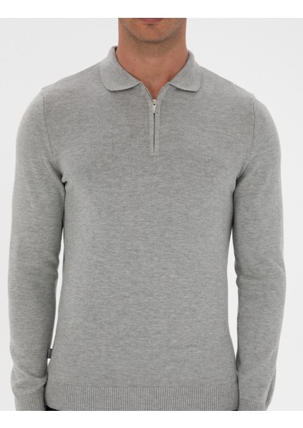 Erkek Gri Melanj Slim Fit Polo Yaka Fermuarlı Basic Triko Kazak 50315406-VR086