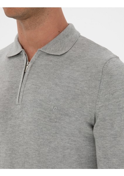 Erkek Gri Melanj Slim Fit Polo Yaka Fermuarlı Basic Triko Kazak 50315406-VR086