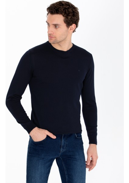 Erkek Lacivert Regular Fit %100 Yün Bisiklet Yaka Basic Triko Kazak 50259680-VR033 modelleri