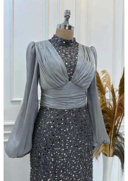 Pul Payet Balon Kollu Tesettür Abiye