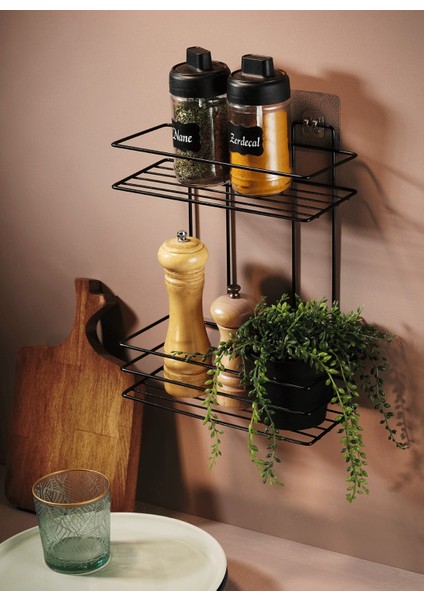 2 Katlı Siyah Mutfak Askısı, Baharatlık Rafı - Duvara Monte, Yapıştır/vidala, Paslanmaz Metal 26 x 33CM (Tş-02)