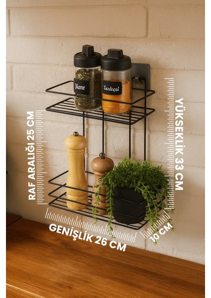 2 Katlı Siyah Mutfak Askısı, Baharatlık Rafı - Duvara Monte, Yapıştır/vidala, Paslanmaz Metal 26 x 33CM (Tş-02) fiyatları