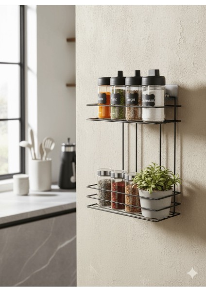2 Katlı Siyah Mutfak Askısı, Baharatlık Rafı - Duvara Monte, Yapıştır/vidala, Paslanmaz Metal 26 x 33CM (Tş-02) modelleri