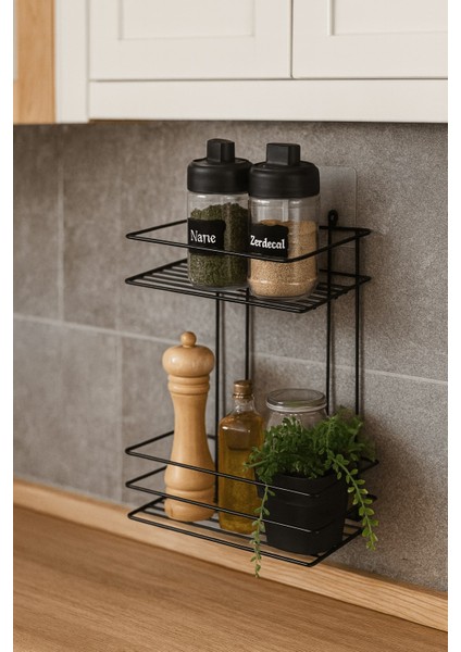 2 Katlı Siyah Mutfak Askısı, Baharatlık Rafı - Duvara Monte, Yapıştır/vidala, Paslanmaz Metal 26 x 33CM (Tş-02) indirimleri