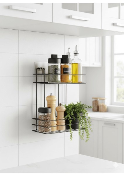 2 Katlı Siyah Mutfak Askısı, Baharatlık Rafı - Duvara Monte, Yapıştır/vidala, Paslanmaz Metal 26 x 33CM (Tş-02)