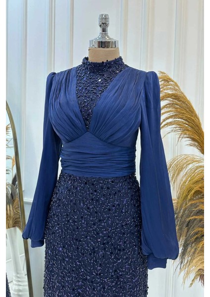 Pul Payet Balon Kollu Tesettür Abiye