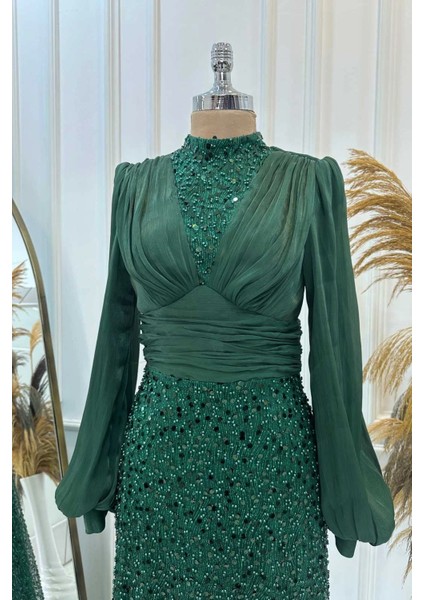 Pul Payet Balon Kollu Tesettür Abiye