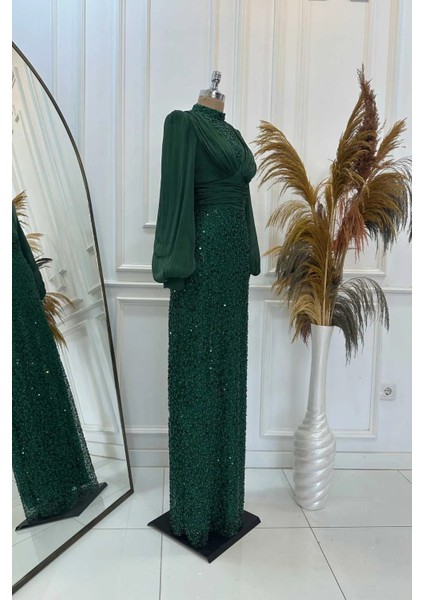 Pul Payet Balon Kollu Tesettür Abiye modelleri