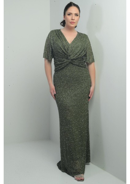 Kadın V Yaka Astarlı Önü Düğüm Detaylı Boru Boncuk Işlemeli Büyük Beden Uzun Elbise