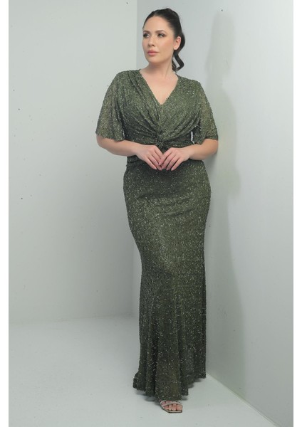 Kadın V Yaka Astarlı Önü Düğüm Detaylı Boru Boncuk Işlemeli Büyük Beden Uzun Elbise fiyatları