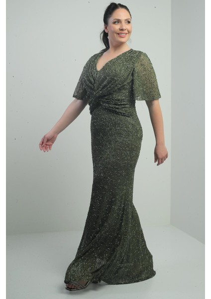 Kadın V Yaka Astarlı Önü Düğüm Detaylı Boru Boncuk Işlemeli Büyük Beden Uzun Elbise modelleri