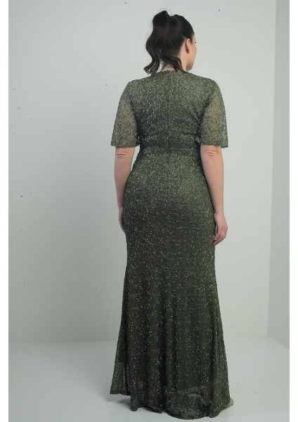 Kadın V Yaka Astarlı Önü Düğüm Detaylı Boru Boncuk Işlemeli Büyük Beden Uzun Elbise fırsatları