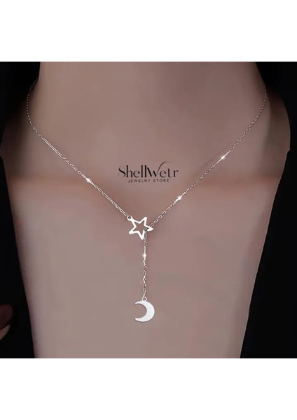 Selene 925 Ayar Gümüş Zincir Kolye Yıldız Ay Sallantılı Kadın Kolye
