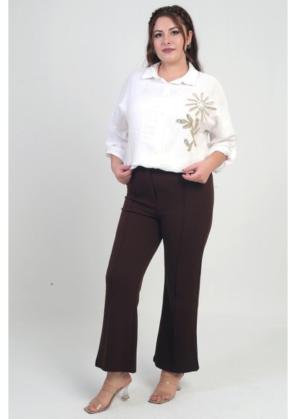 Kadın Beli Lastikli En Boy Likralı Örme Krep Çımalı Büyük Beden Palazzo Pantolon