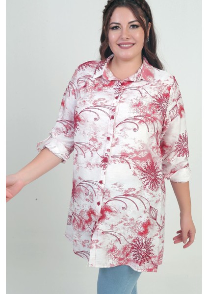 Kadın Kol Katlamalı Batik Desenli Büyük Beden Uzun Gömlek