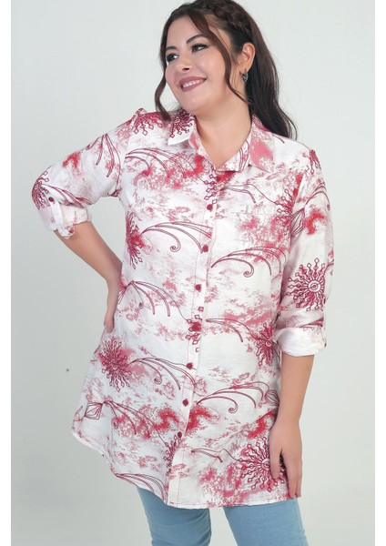 Kadın Kol Katlamalı Batik Desenli Büyük Beden Uzun Gömlek modelleri