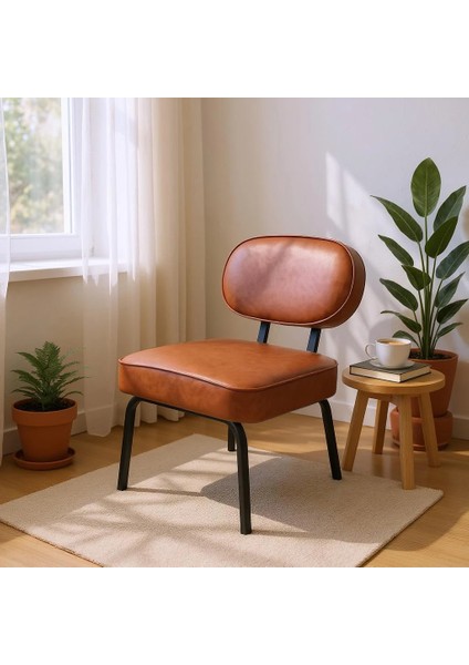 - Luna Model Modern Tekli Koltuk Berjer Sandalye - Deri Kumaş - Taba