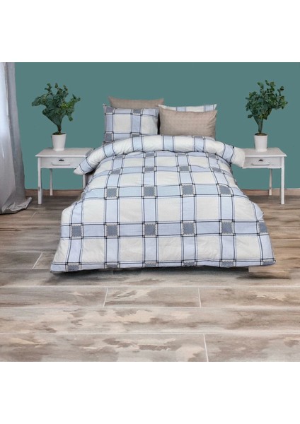 Kareli Piksel Ekosa Desenli Nevresim Takımı – Çift Kişilik, %100 Pamuk, Yumuşak Dokulu