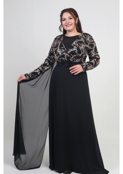 Kadın Kruvaze Yaka Görünümlü Pullu Astarlı Şifon Uzun B.b. Elbise