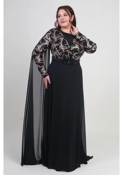 Kadın Kruvaze Yaka Görünümlü Pullu Astarlı Şifon Uzun B.b. Elbise modelleri