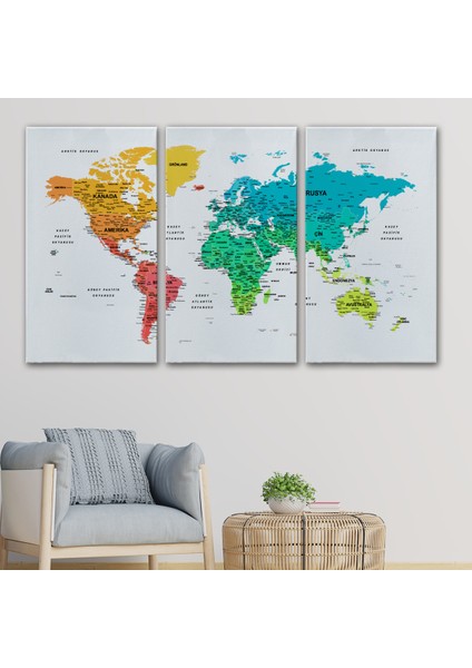 Türkçe Dünya Haritası Dekoratif Kanvas Tablo Son Derece Detaylı 1638 modelleri