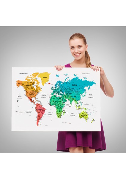 Türkçe Dünya Haritası Dekoratif Kanvas Tablo Son Derece Detaylı 1638 fırsatları