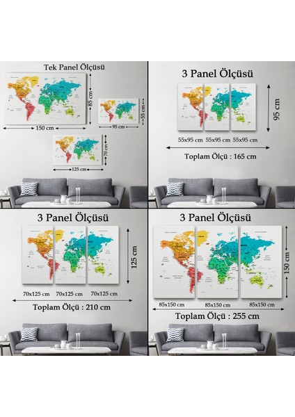 Türkçe Dünya Haritası Dekoratif Kanvas Tablo Son Derece Detaylı 1638