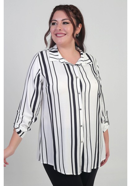 Kadın Kol Katlamalı Boyuna Çizgili Büyük Beden Gömlek