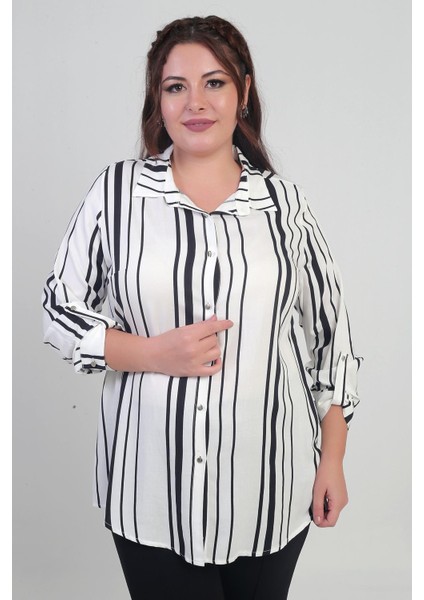 Kadın Kol Katlamalı Boyuna Çizgili Büyük Beden Gömlek fiyatları