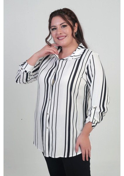 Kadın Kol Katlamalı Boyuna Çizgili Büyük Beden Gömlek modelleri