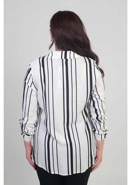 Kadın Kol Katlamalı Boyuna Çizgili Büyük Beden Gömlek fırsatları