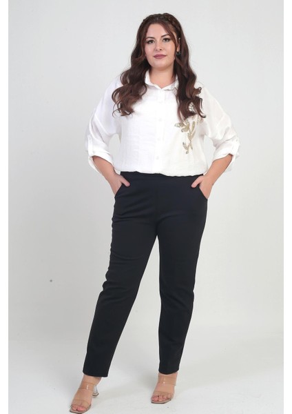 Kadın Beli Lastikli Yandan Cepli Full Likra Çelik Klasik Paça Büyük Beden Pantolon