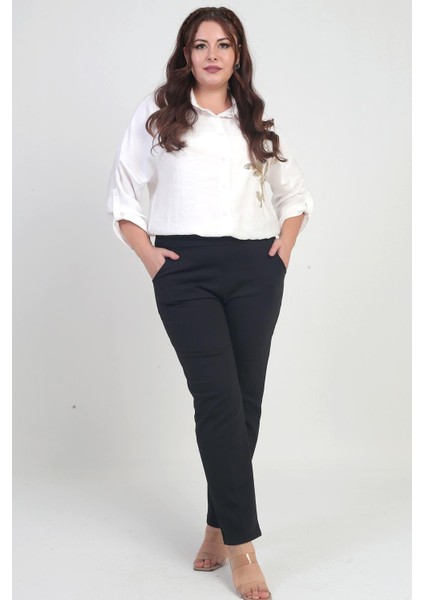 Kadın Beli Lastikli Yandan Cepli Full Likra Çelik Klasik Paça Büyük Beden Pantolon fiyatları