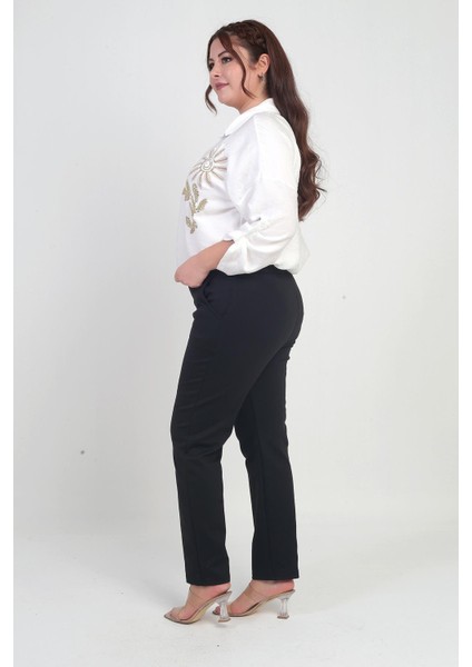 Kadın Beli Lastikli Yandan Cepli Full Likra Çelik Klasik Paça Büyük Beden Pantolon fırsatları