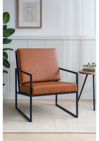 - Iskandinav Tekli Koltuk Modern Berjer - Deri Kumaş - Metal Iskelet - Taba