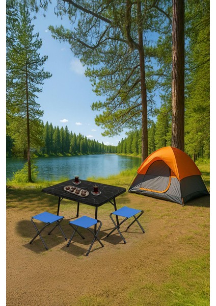 45X60 cm Kamp Sehpası + 3 Adet Mavi Tabure Piknik, Bahçe Balkon Sehpası Katlanır Sehpa-Me-3m