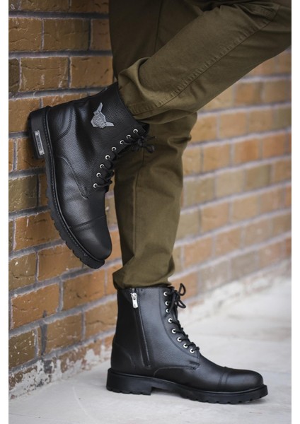 Motor Style Siyah Deri Bot Fermuarlı ve Bağcıklı Su Geçirmez Trekking Tipi Kaymaz Taban