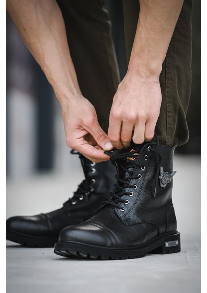 Motor Style Siyah Deri Bot Fermuarlı ve Bağcıklı Su Geçirmez Trekking Tipi Kaymaz Taban