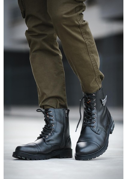 Motor Style Siyah Deri Bot Fermuarlı ve Bağcıklı Su Geçirmez Trekking Tipi Kaymaz Taban