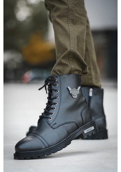 Motor Style Siyah Deri Bot Fermuarlı ve Bağcıklı Su Geçirmez Trekking Tipi Kaymaz Taban