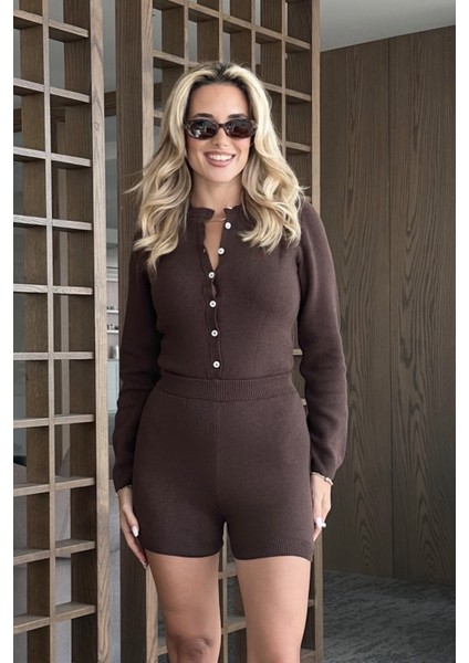 Kahverengi Bodysuit Hırka Şort Triko Takım