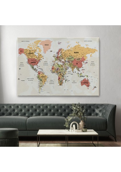 Türkçe Dünya Haritası Ayrıntılı Eğitici-Öğretici Okyanuslu Dekoratif Kanvas Tablo 2530 fiyatları
