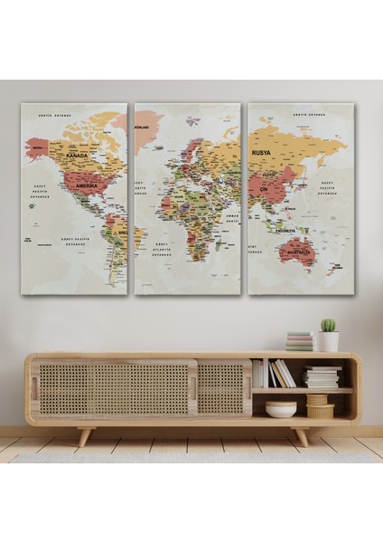 Türkçe Dünya Haritası Ayrıntılı Eğitici-Öğretici Okyanuslu Dekoratif Kanvas Tablo 2530 modelleri