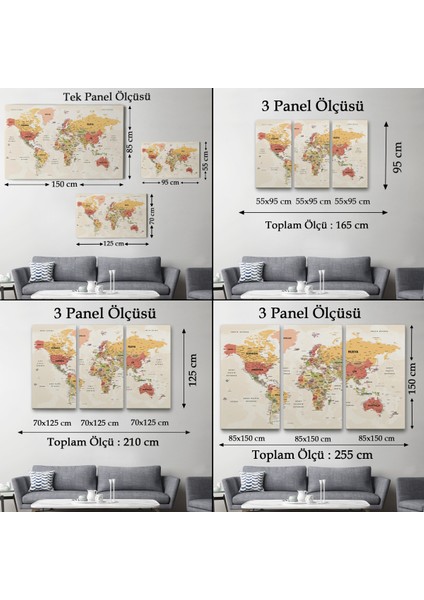 Türkçe Dünya Haritası Ayrıntılı Eğitici-Öğretici Okyanuslu Dekoratif Kanvas Tablo 2530