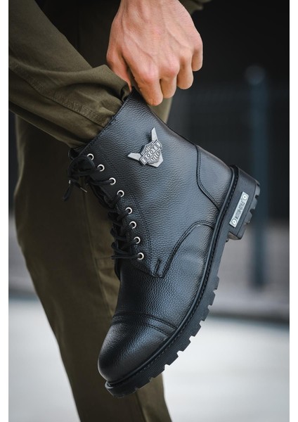 Motor Style Siyah Deri Bot Fermuarlı ve Bağcıklı Su Geçirmez Trekking Tipi Kaymaz Taban