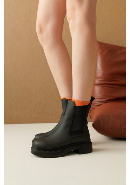 Erkek Bot Mat Siyah Suni Deri Lastikli Ortopedik İç Tabanlı Outdoor Rahat Yürüyüş Tabanı