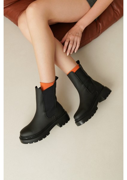 Erkek Bot Mat Siyah Suni Deri Lastikli Ortopedik İç Tabanlı Outdoor Rahat Yürüyüş Tabanı